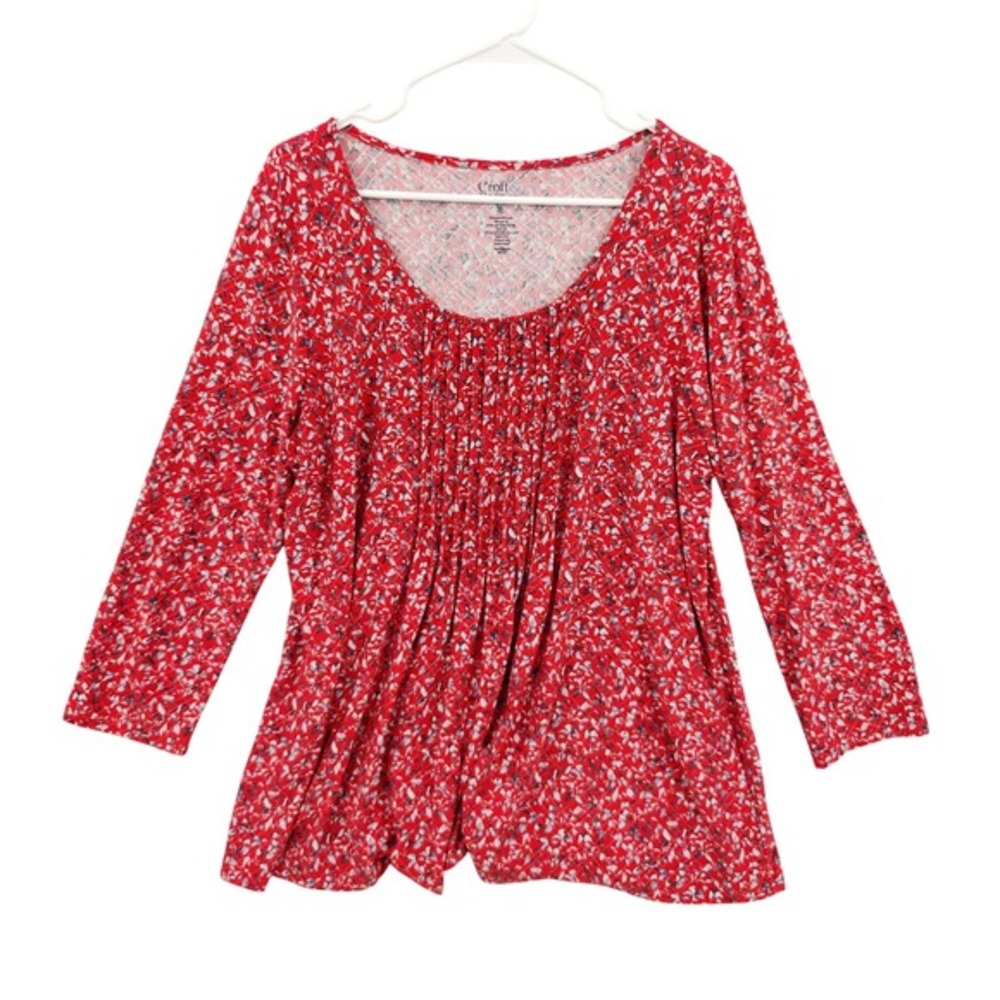 Croft & Barrow Womens Cottage Modest Peasant Floral Pleat 3/4 Sleeve Top XL Red
